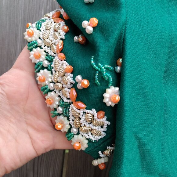 Vintage 60s Dress "Fashion Centre" Green Beaded Daisy 32"B 29"W - Picture 11 of 16